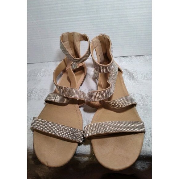 Rialto Tan Rhinestone Criss Cross Back Zip Sandals Size‎ 9M EUC! Comfy Summer - Picture 1 of 9